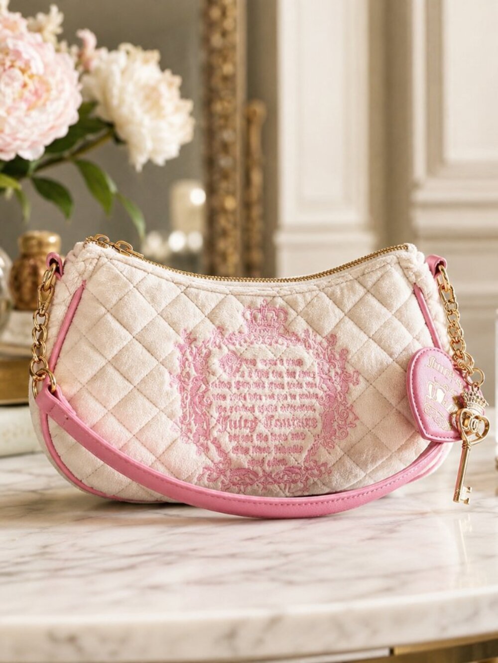 Juicy Couture Tale Quilted Velour Shoulder Bag Cream Pink NWT